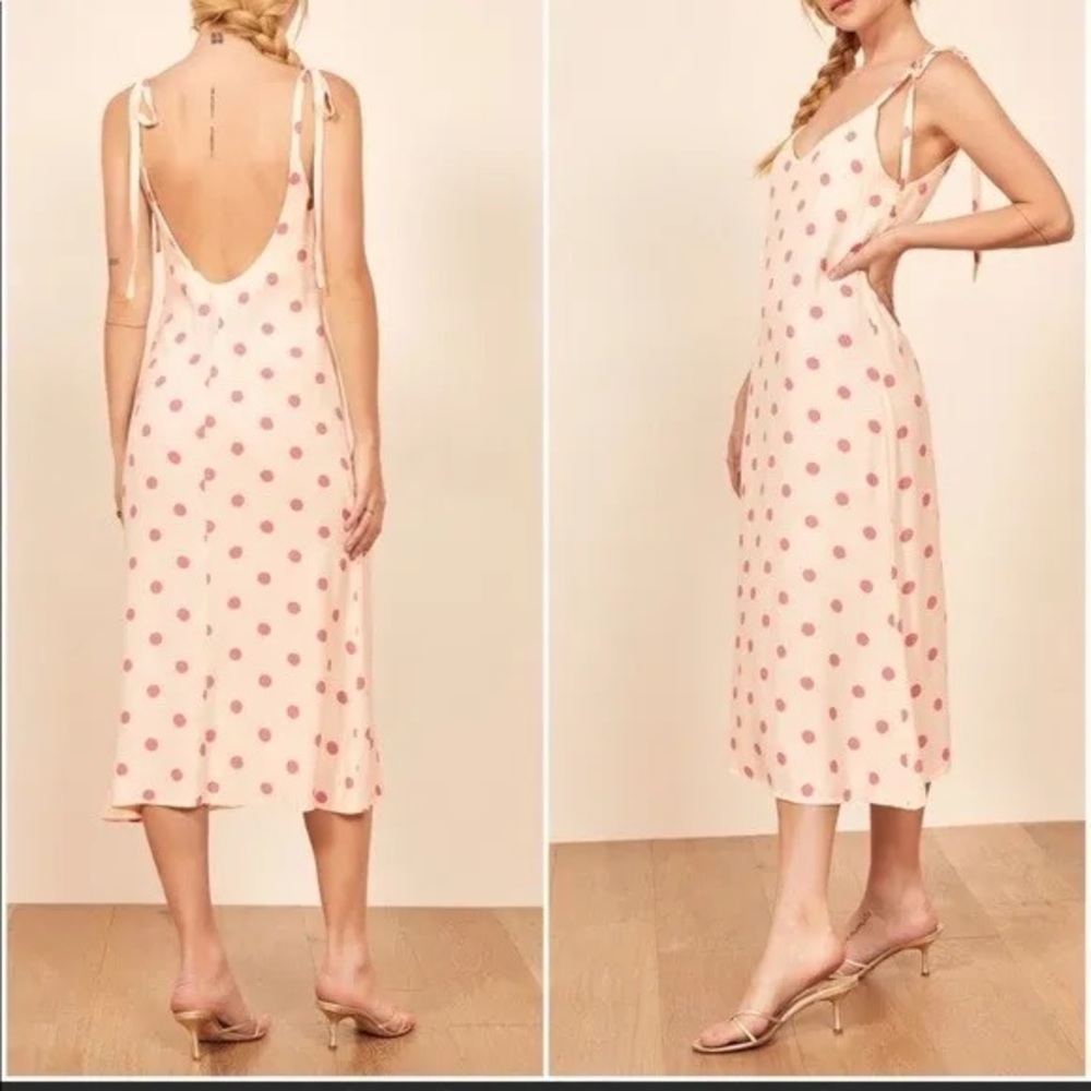 Reformation Pink Polka Dot Midi Dress
